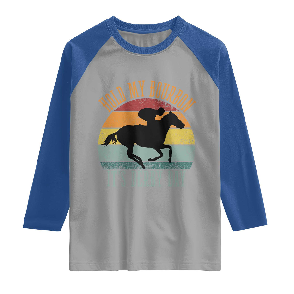 Hold My Bourbon It’s Derby Day Vintage Sunset Raglan Shirt Funny Horse Racing Enthusiast Retro Graphic