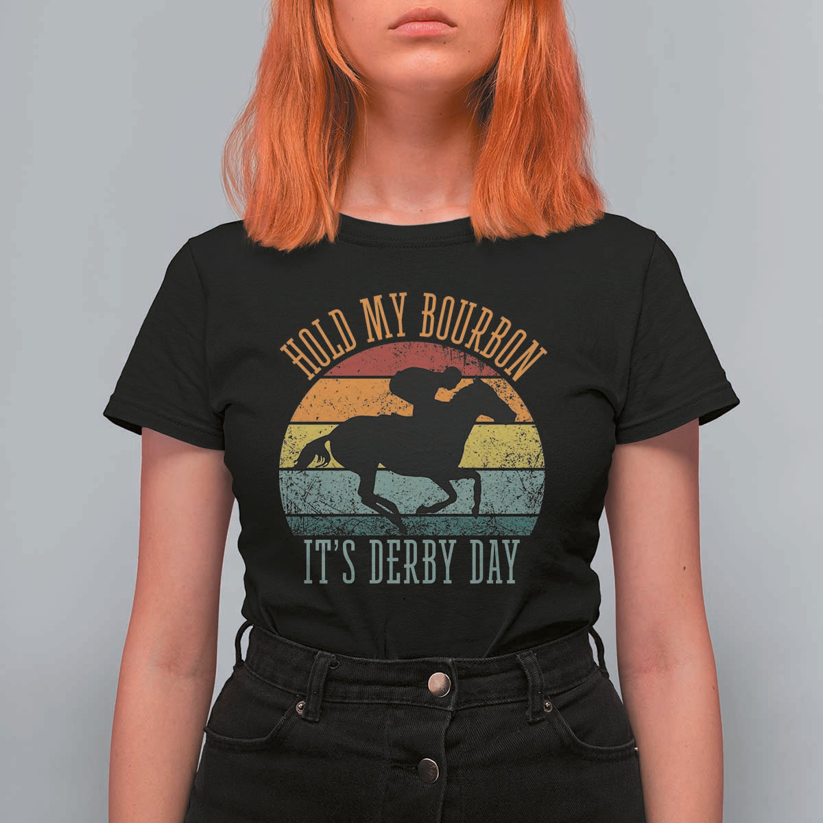 Hold My Bourbon It’s Derby Day Vintage Sunset T Shirt For Women Funny Horse Racing Enthusiast Retro Graphic