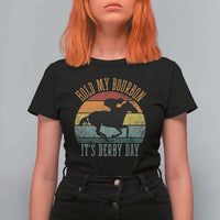 Hold My Bourbon It’s Derby Day Vintage Sunset T Shirt For Women Funny Horse Racing Enthusiast Retro Graphic