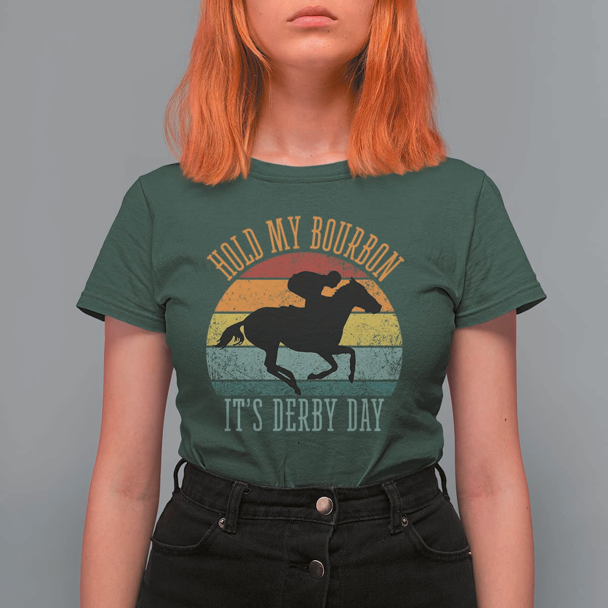 Hold My Bourbon It’s Derby Day Vintage Sunset T Shirt For Women Funny Horse Racing Enthusiast Retro Graphic