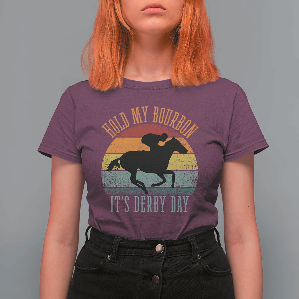 Hold My Bourbon It’s Derby Day Vintage Sunset T Shirt For Women Funny Horse Racing Enthusiast Retro Graphic