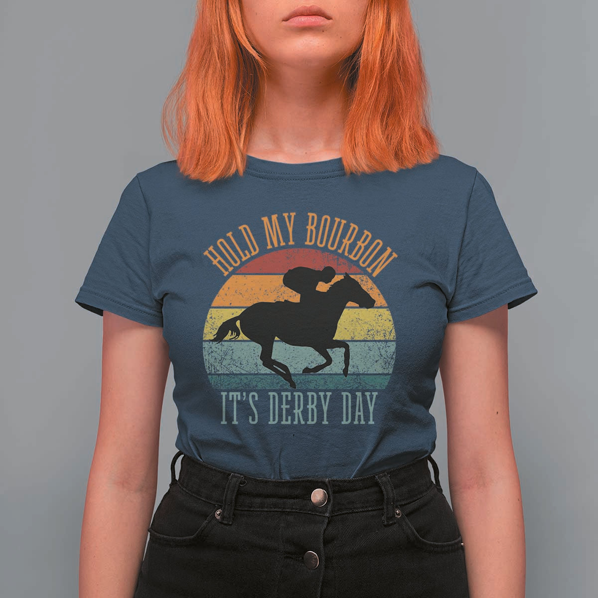 Hold My Bourbon It’s Derby Day Vintage Sunset T Shirt For Women Funny Horse Racing Enthusiast Retro Graphic
