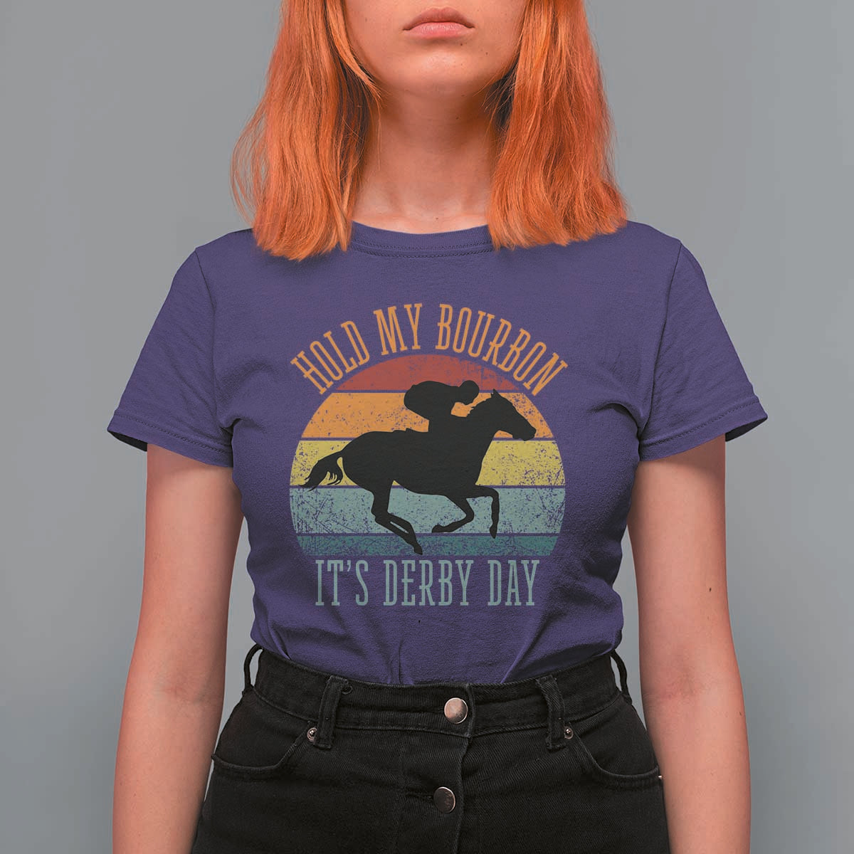 Hold My Bourbon It’s Derby Day Vintage Sunset T Shirt For Women Funny Horse Racing Enthusiast Retro Graphic