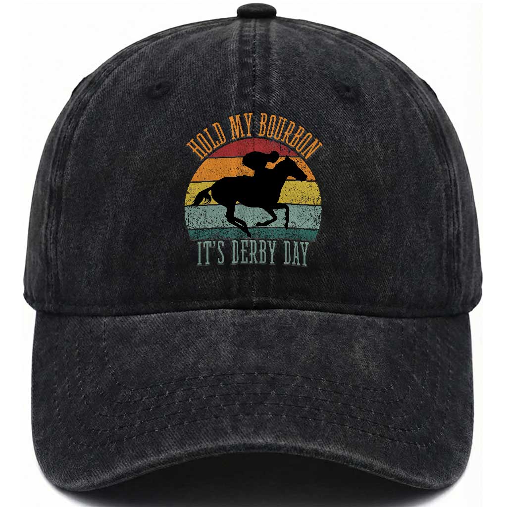 Hold My Bourbon It’s Derby Day Vintage Sunset Washed Cotton Baseball Cap Funny Horse Racing Enthusiast Retro Graphic