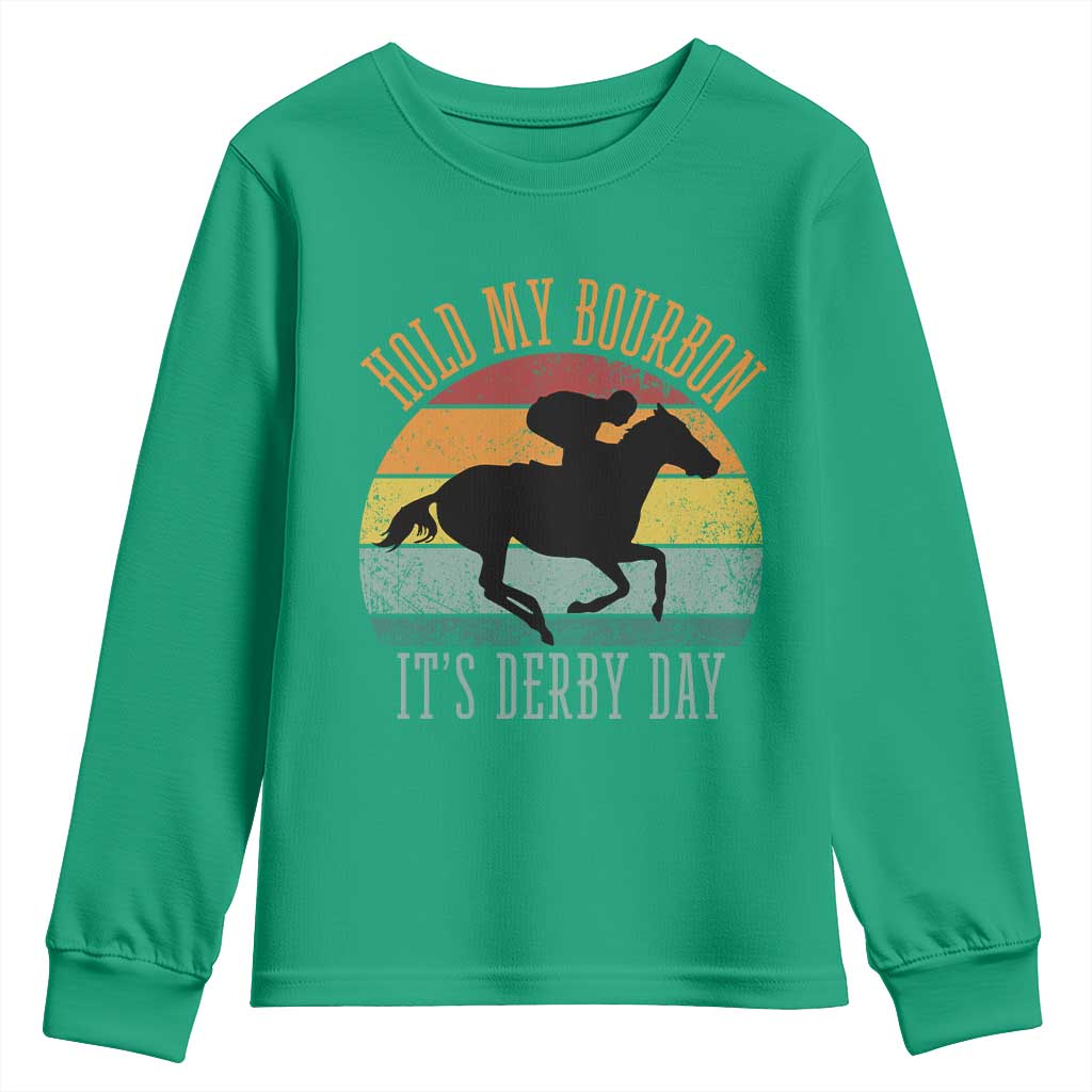 Hold My Bourbon It’s Derby Day Vintage Sunset Youth Sweatshirt Funny Horse Racing Enthusiast Retro Graphic