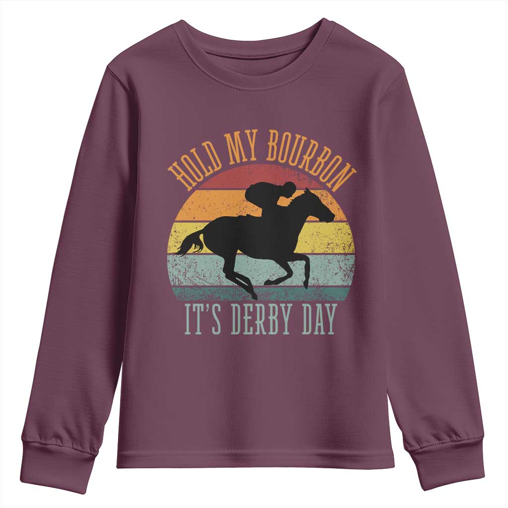 Hold My Bourbon It’s Derby Day Vintage Sunset Youth Sweatshirt Funny Horse Racing Enthusiast Retro Graphic