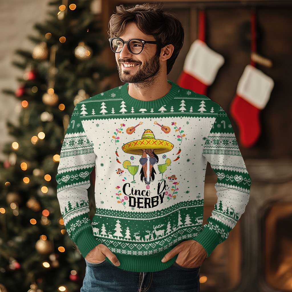 Cinco De Derby Funny Horse Racing Fiesta Ugly Christmas Sweater Mexican Sombrero and Margarita Horse Lover