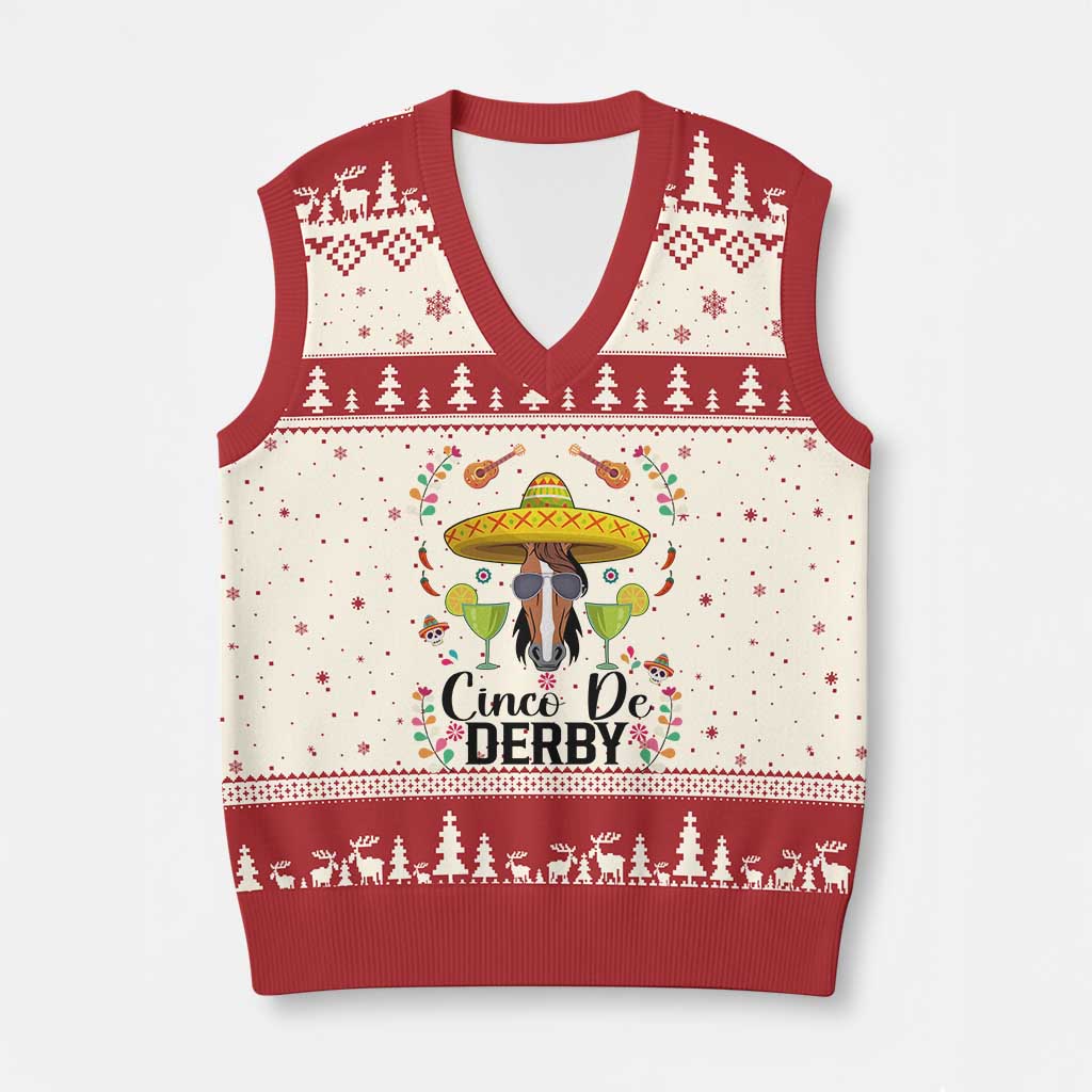 Cinco De Derby Funny Horse Racing Fiesta V-Neck Knit Sweater Vest Mexican Sombrero and Margarita Horse Lover