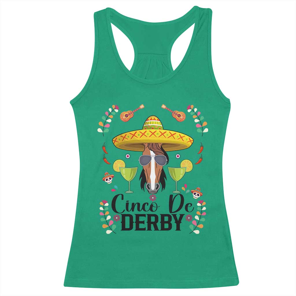 Cinco De Derby Funny Horse Racing Fiesta Racerback Tank Top Mexican Sombrero and Margarita Horse Lover
