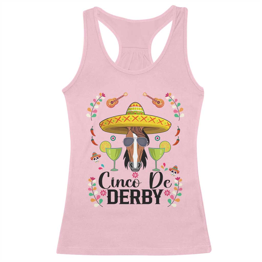Cinco De Derby Funny Horse Racing Fiesta Racerback Tank Top Mexican Sombrero and Margarita Horse Lover