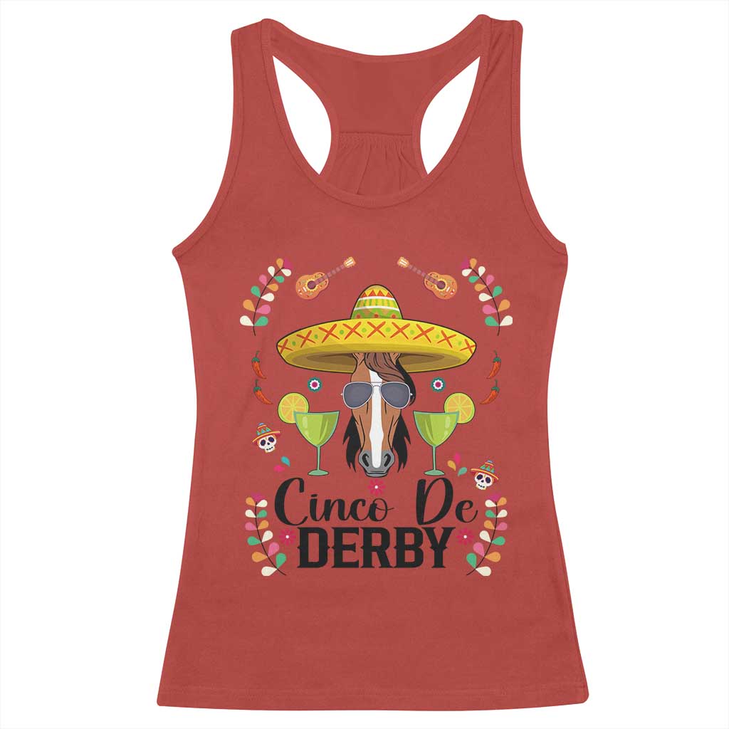 Cinco De Derby Funny Horse Racing Fiesta Racerback Tank Top Mexican Sombrero and Margarita Horse Lover
