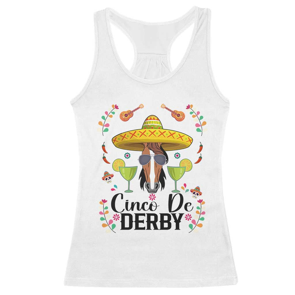 Cinco De Derby Funny Horse Racing Fiesta Racerback Tank Top Mexican Sombrero and Margarita Horse Lover
