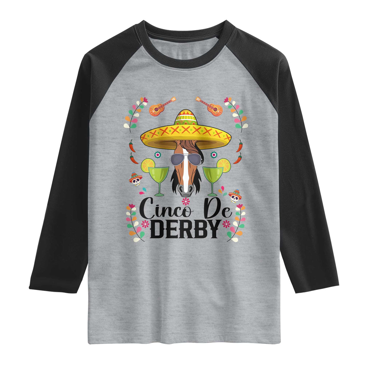 Cinco De Derby Funny Horse Racing Fiesta Raglan Shirt Mexican Sombrero and Margarita Horse Lover