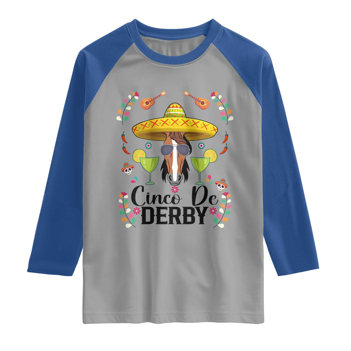 Cinco De Derby Funny Horse Racing Fiesta Raglan Shirt Mexican Sombrero and Margarita Horse Lover