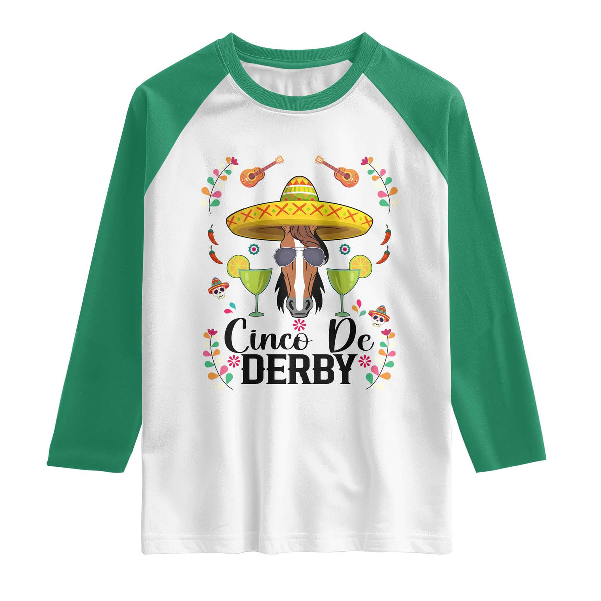 Cinco De Derby Funny Horse Racing Fiesta Raglan Shirt Mexican Sombrero and Margarita Horse Lover
