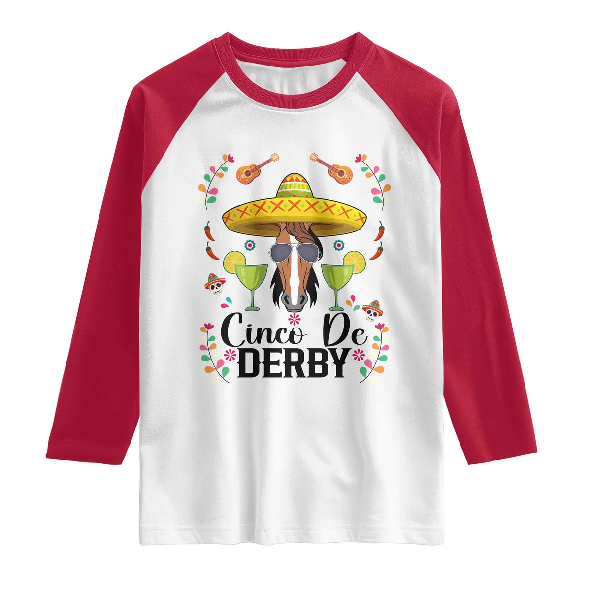 Cinco De Derby Funny Horse Racing Fiesta Raglan Shirt Mexican Sombrero and Margarita Horse Lover