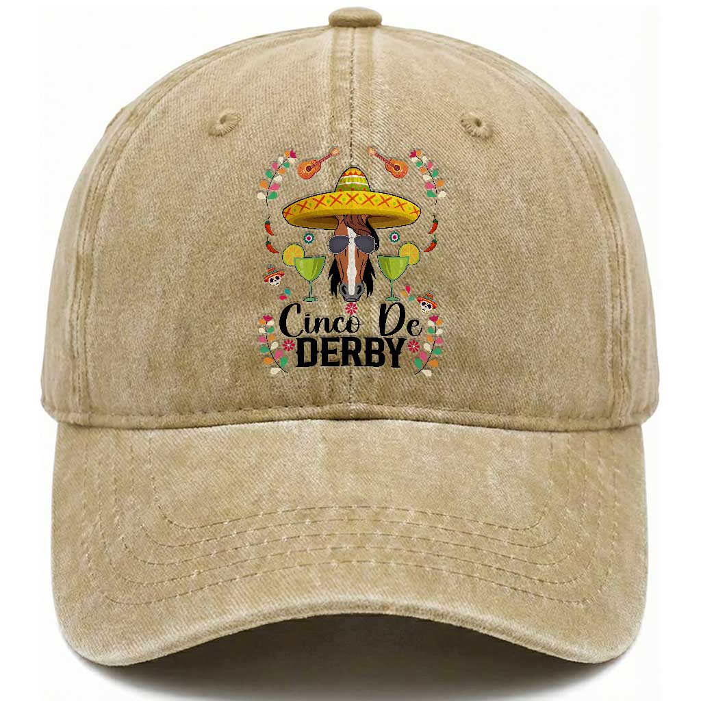 Cinco De Derby Funny Horse Racing Fiesta Washed Cotton Baseball Cap Mexican Sombrero and Margarita Horse Lover