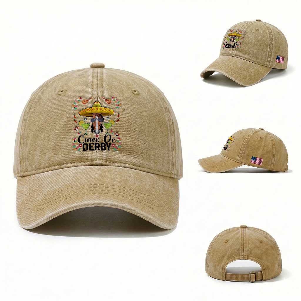 Cinco De Derby Funny Horse Racing Fiesta Washed Cotton Baseball Cap Mexican Sombrero and Margarita Horse Lover