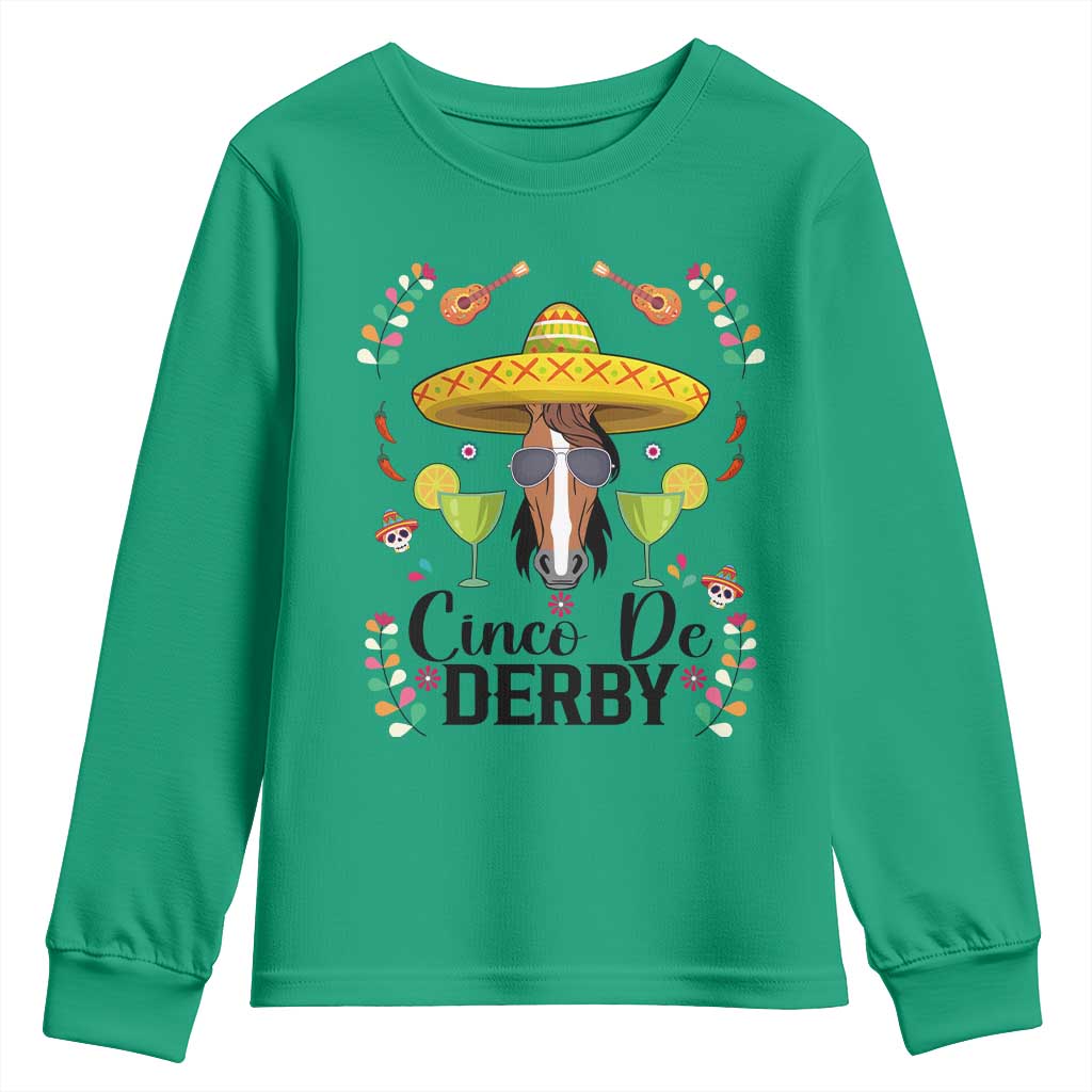 Cinco De Derby Funny Horse Racing Fiesta Youth Sweatshirt Mexican Sombrero and Margarita Horse Lover