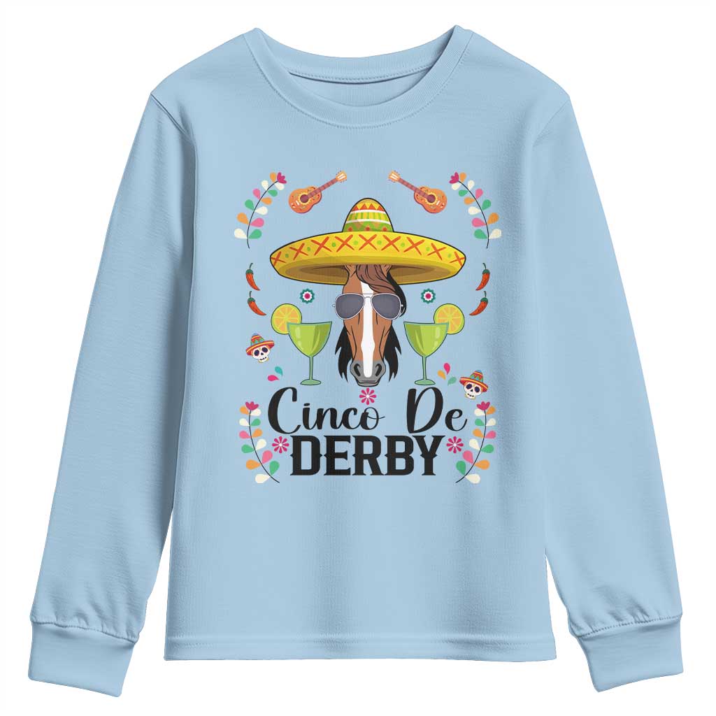 Cinco De Derby Funny Horse Racing Fiesta Youth Sweatshirt Mexican Sombrero and Margarita Horse Lover