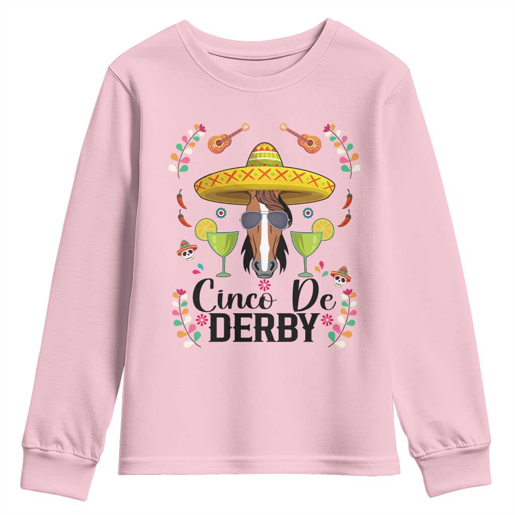 Cinco De Derby Funny Horse Racing Fiesta Youth Sweatshirt Mexican Sombrero and Margarita Horse Lover