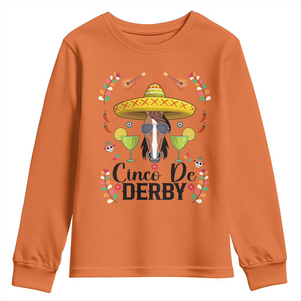 Cinco De Derby Funny Horse Racing Fiesta Youth Sweatshirt Mexican Sombrero and Margarita Horse Lover
