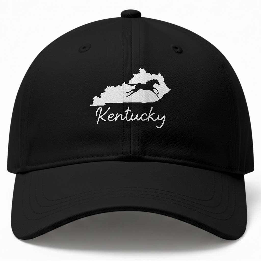 Kentucky State Map with Racing Horse Baseball Cap Bluegrass State Pride Equestrian