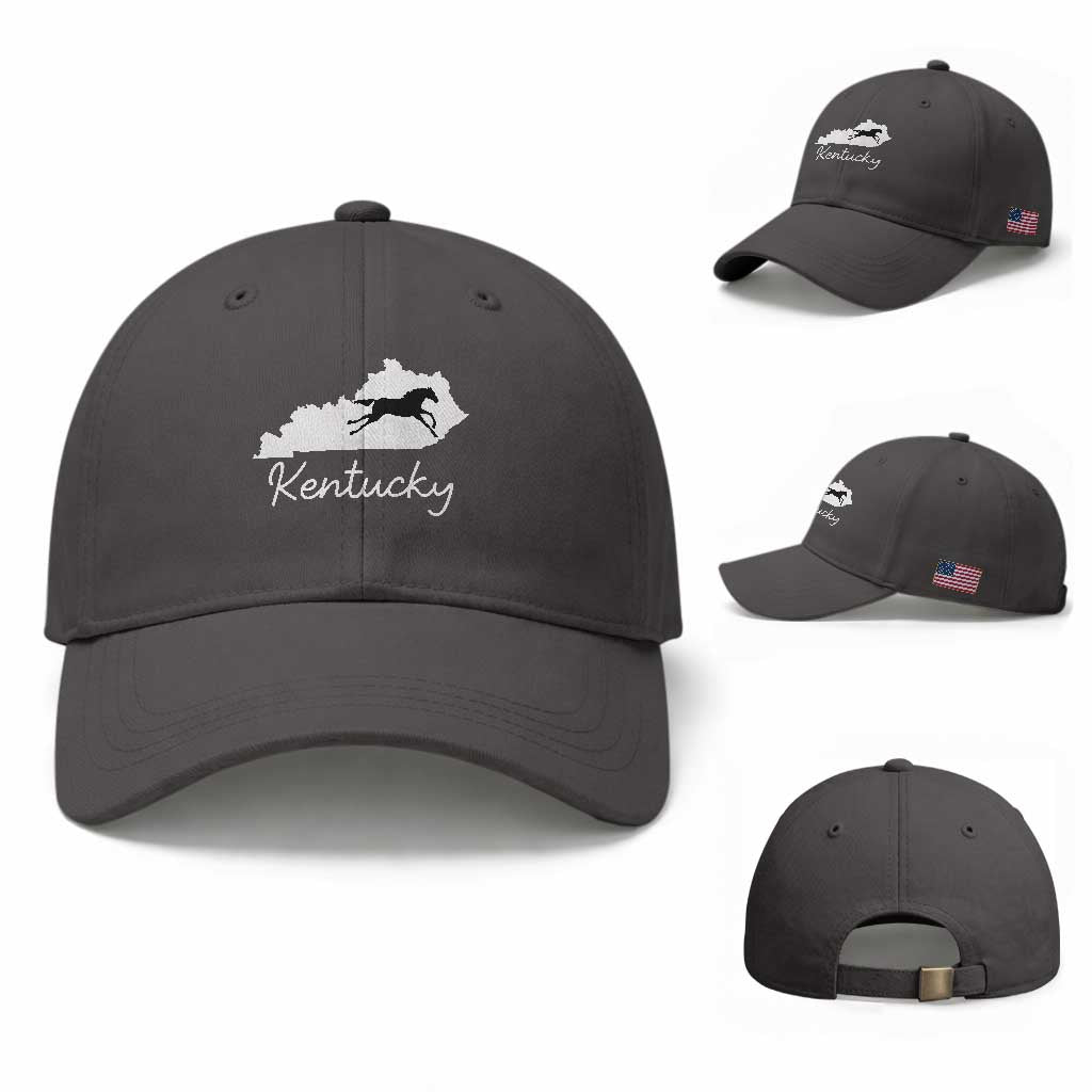 Kentucky State Map with Racing Horse Baseball Cap Bluegrass State Pride Equestrian