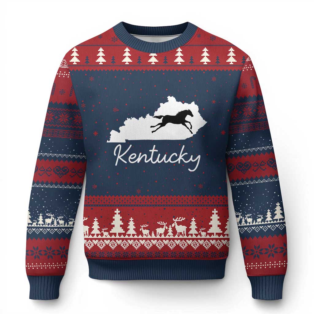 Kentucky State Map with Racing Horse Ugly Christmas Sweater Bluegrass State Pride Equestrian
