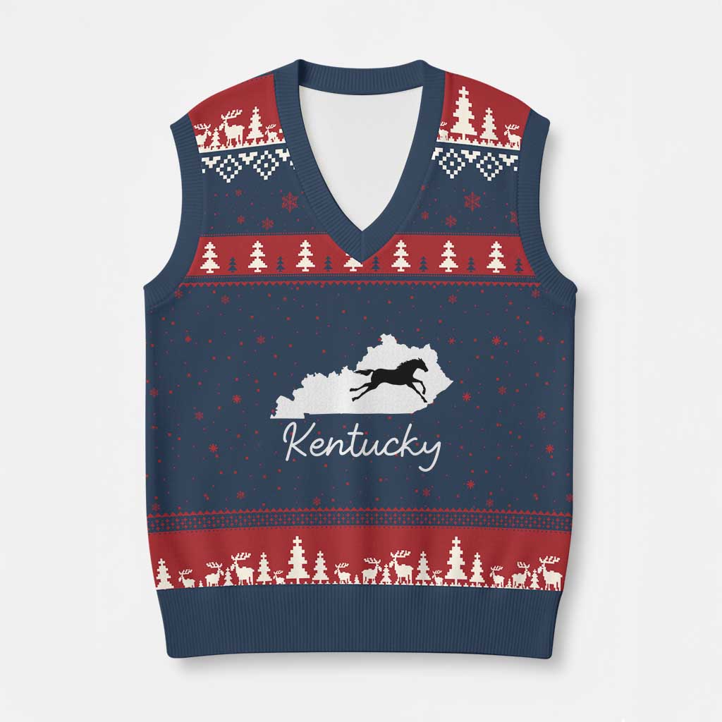 Kentucky State Map with Racing Horse V-Neck Knit Sweater Vest Bluegrass State Pride Equestrian