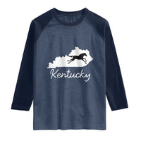 Kentucky State Map with Racing Horse Raglan Shirt Bluegrass State Pride Equestrian