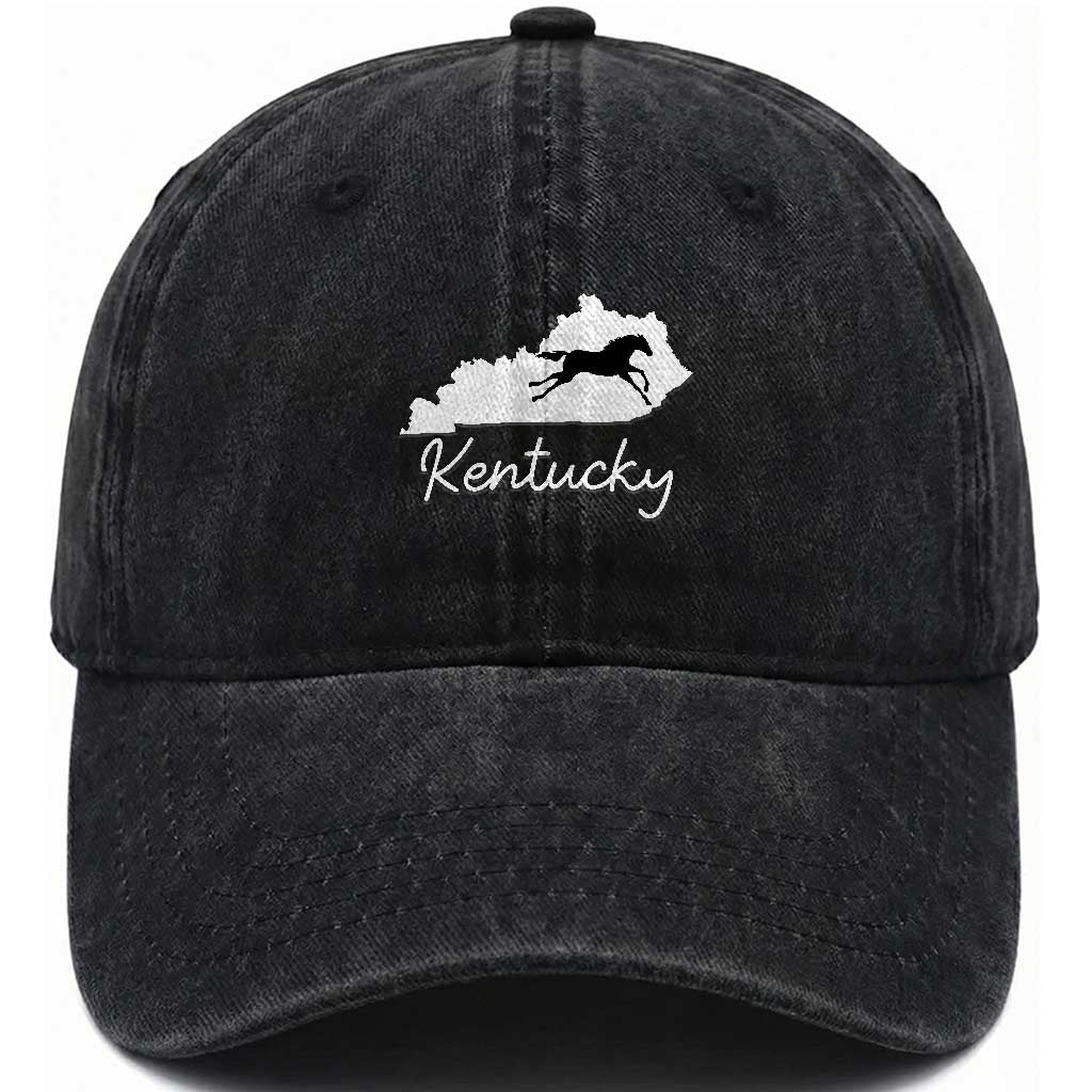 Kentucky State Map with Racing Horse Washed Cotton Baseball Cap Bluegrass State Pride Equestrian