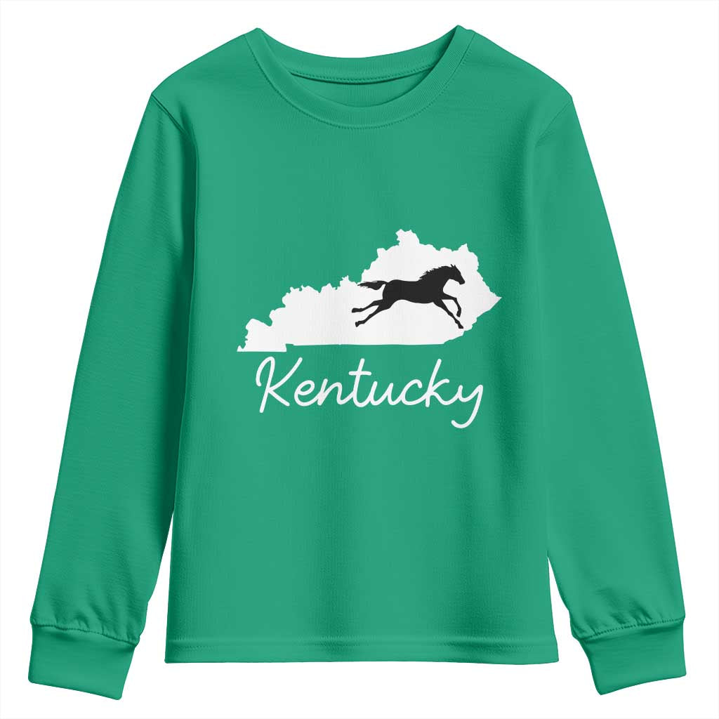 Kentucky State Map with Racing Horse Youth Sweatshirt Bluegrass State Pride Equestrian