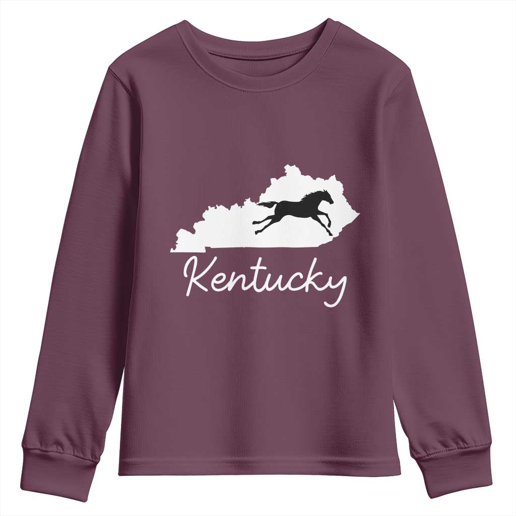 Kentucky State Map with Racing Horse Youth Sweatshirt Bluegrass State Pride Equestrian