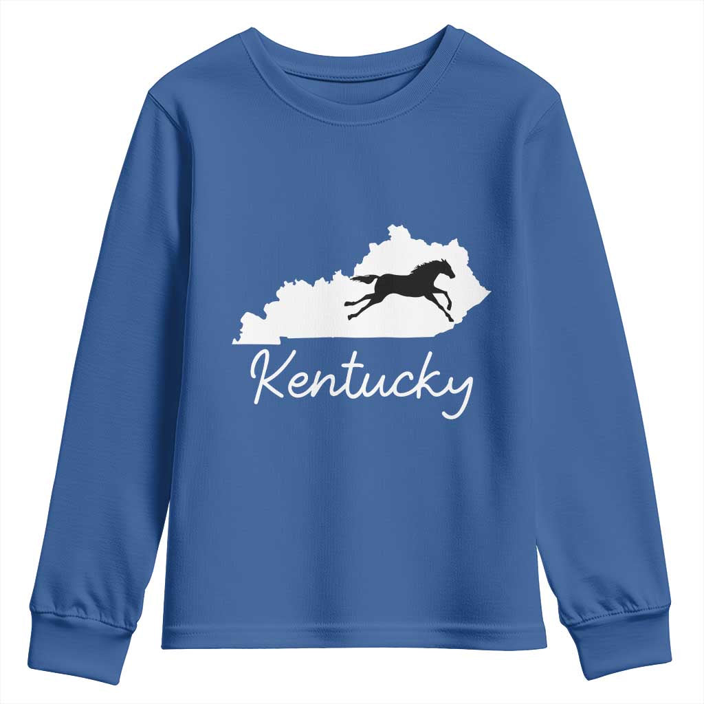 Kentucky State Map with Racing Horse Youth Sweatshirt Bluegrass State Pride Equestrian