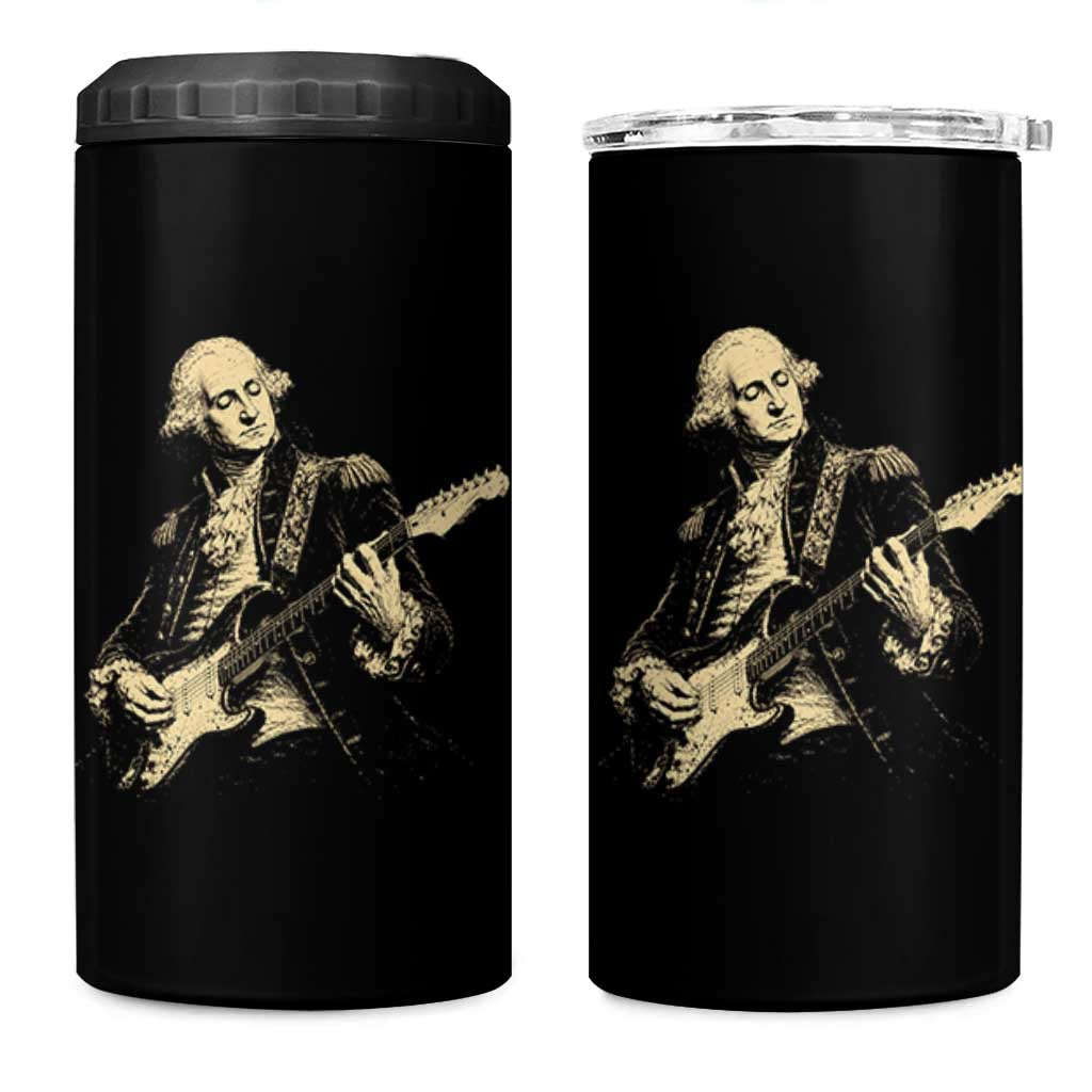 George Washington Rock Star Vintage Portrait 4 in 1 Can Cooler Tumbler Funny Electric Guitar Player Founding Father Retro Aesthetic Patriotic Graphic