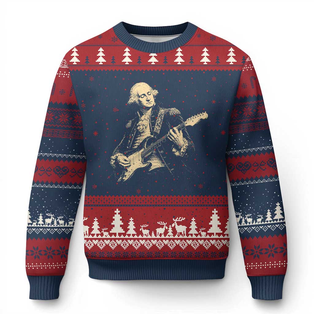 George Washington Rock Star Vintage Portrait Ugly Christmas Sweater Funny Electric Guitar Player Founding Father Retro Aesthetic Patriotic Graphic