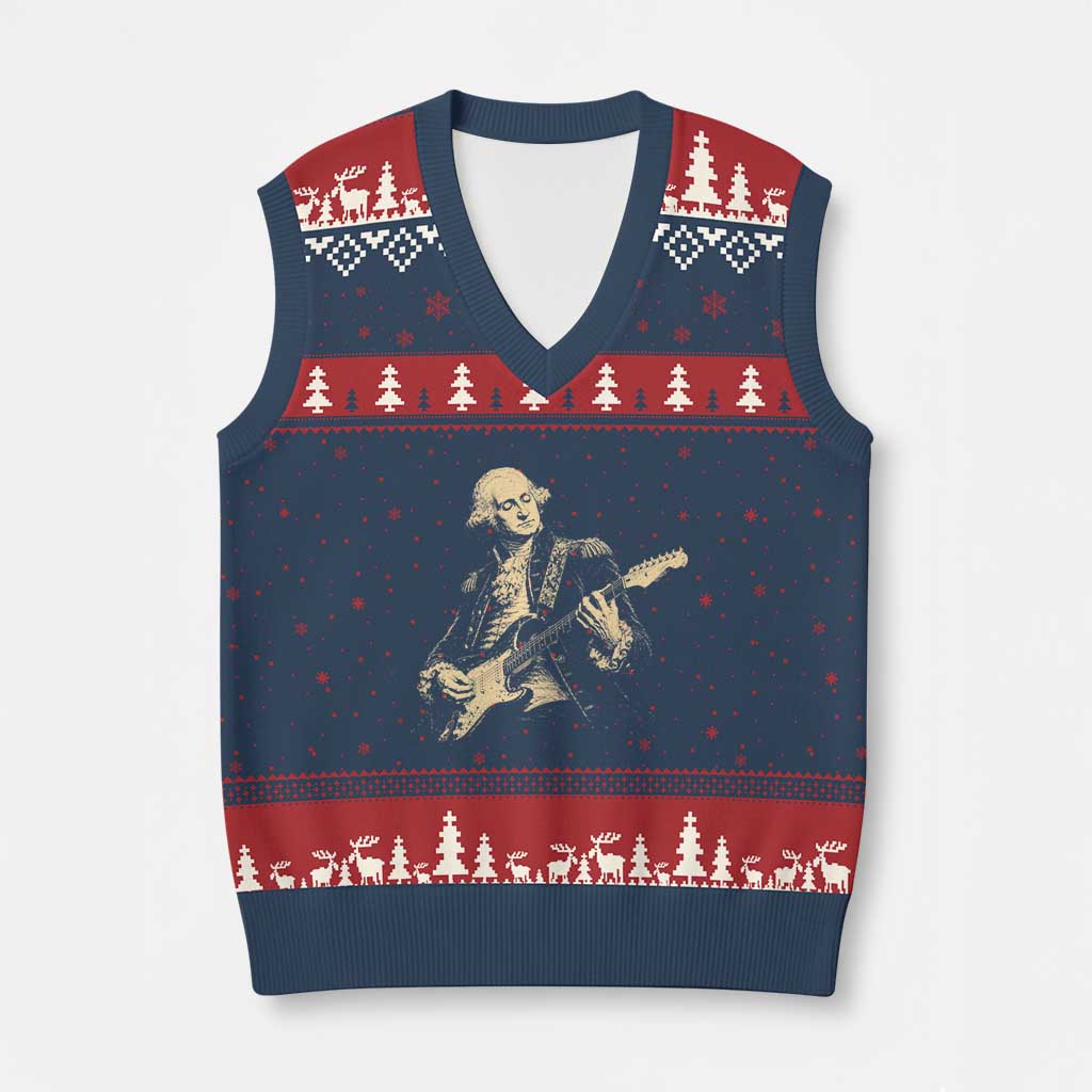 George Washington Rock Star Vintage Portrait V-Neck Knit Sweater Vest Funny Electric Guitar Player Founding Father Retro Aesthetic Patriotic Graphic