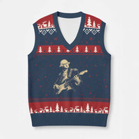 George Washington Rock Star Vintage Portrait V-Neck Knit Sweater Vest Funny Electric Guitar Player Founding Father Retro Aesthetic Patriotic Graphic