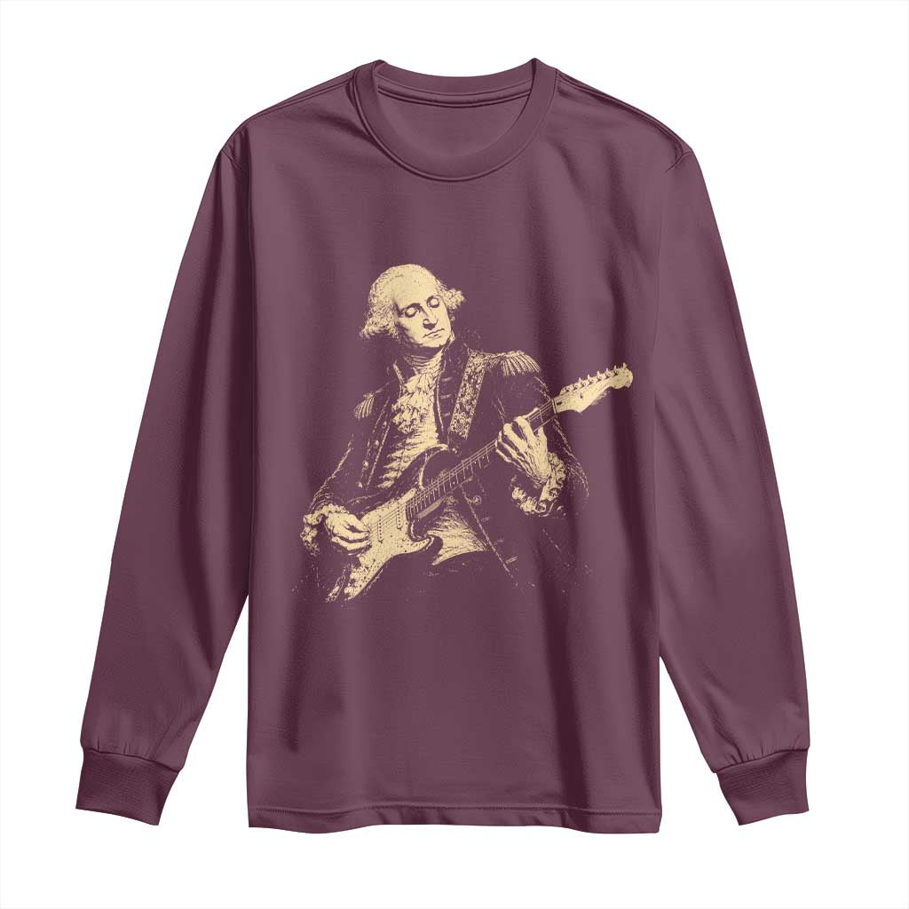 George Washington Rock Star Vintage Portrait Long Sleeve Shirt Funny Electric Guitar Player Founding Father Retro Aesthetic Patriotic Graphic