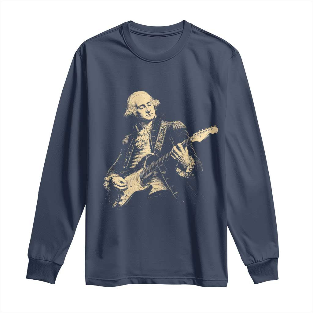 George Washington Rock Star Vintage Portrait Long Sleeve Shirt Funny Electric Guitar Player Founding Father Retro Aesthetic Patriotic Graphic