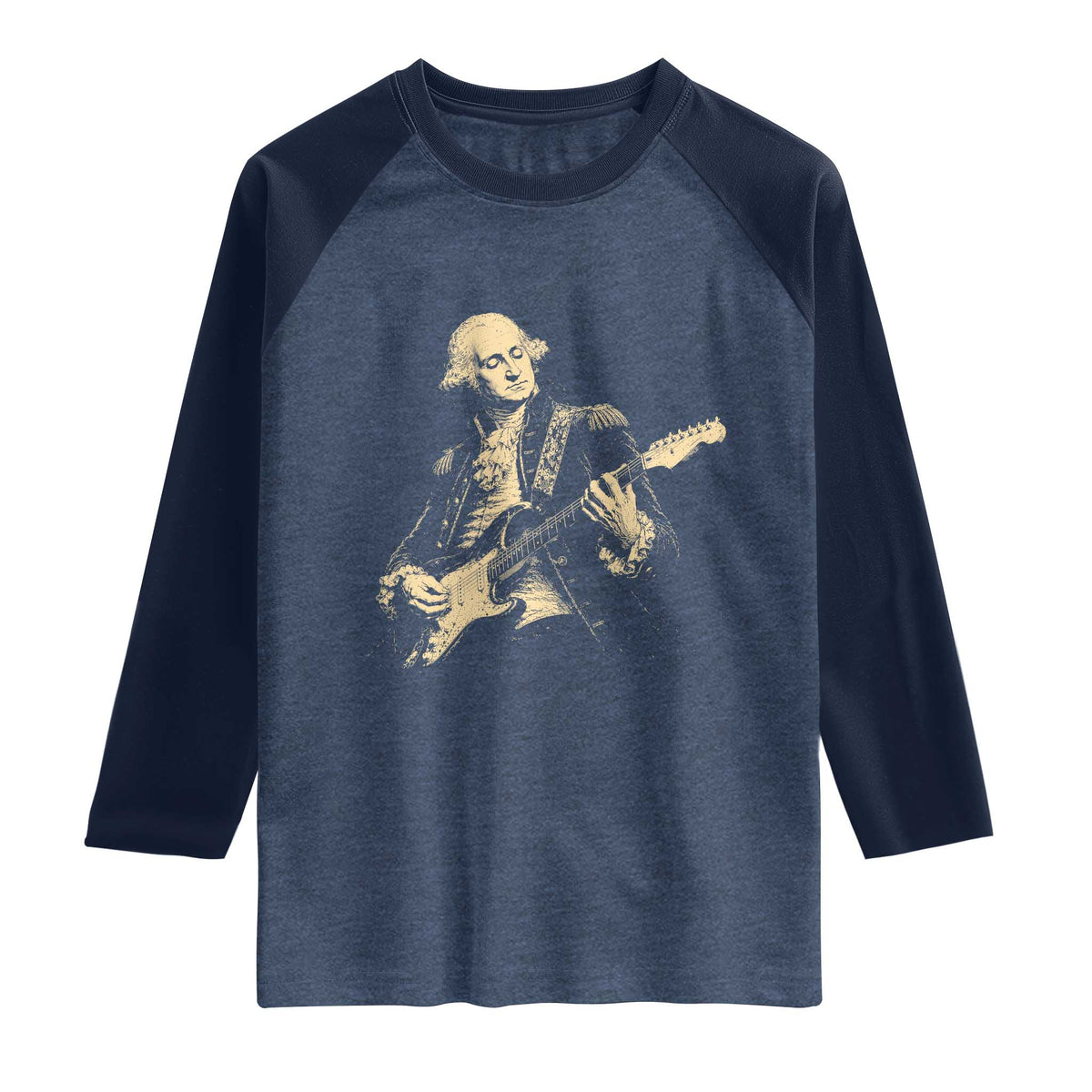 George Washington Rock Star Vintage Portrait Raglan Shirt Funny Electric Guitar Player Founding Father Retro Aesthetic Patriotic Graphic