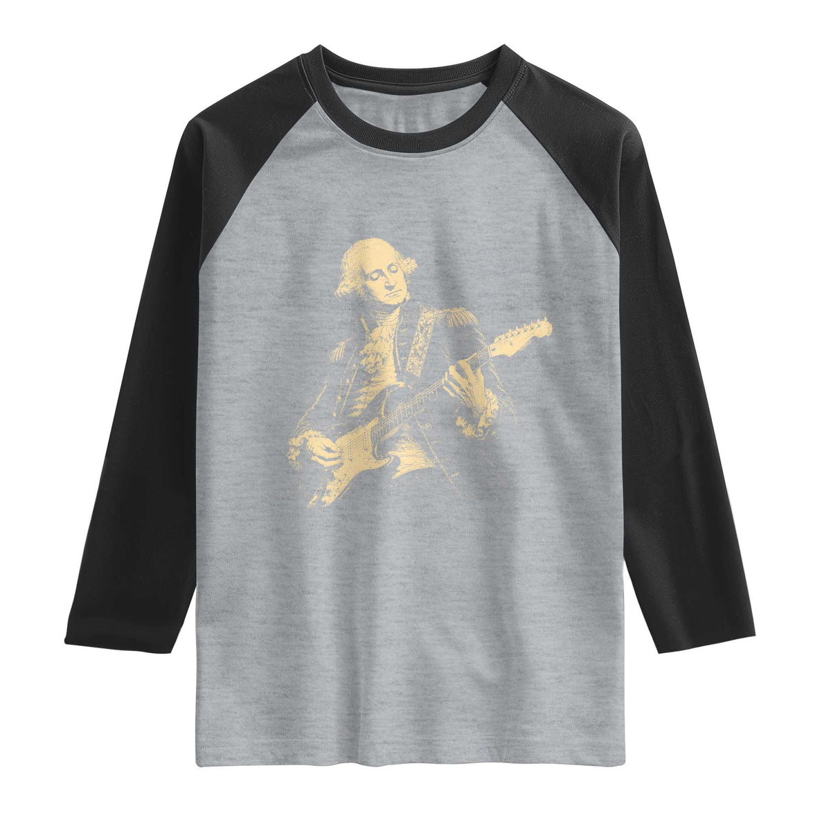 George Washington Rock Star Vintage Portrait Raglan Shirt Funny Electric Guitar Player Founding Father Retro Aesthetic Patriotic Graphic