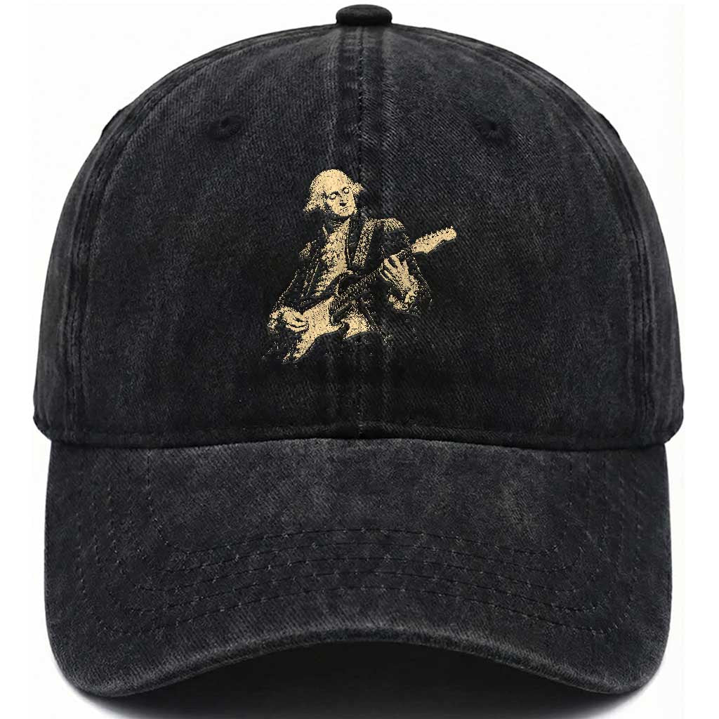 George Washington Rock Star Vintage Portrait Washed Cotton Baseball Cap Funny Electric Guitar Player Founding Father Retro Aesthetic Patriotic Graphic