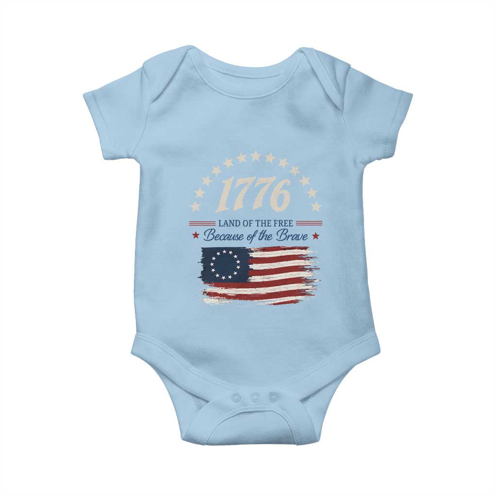 1776 Land of the Free Distressed Arch Graphic Baby Onesie Vintage Betsy Ross American Flag Stars Retro Patriotic