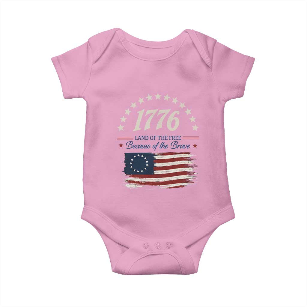 1776 Land of the Free Distressed Arch Graphic Baby Onesie Vintage Betsy Ross American Flag Stars Retro Patriotic
