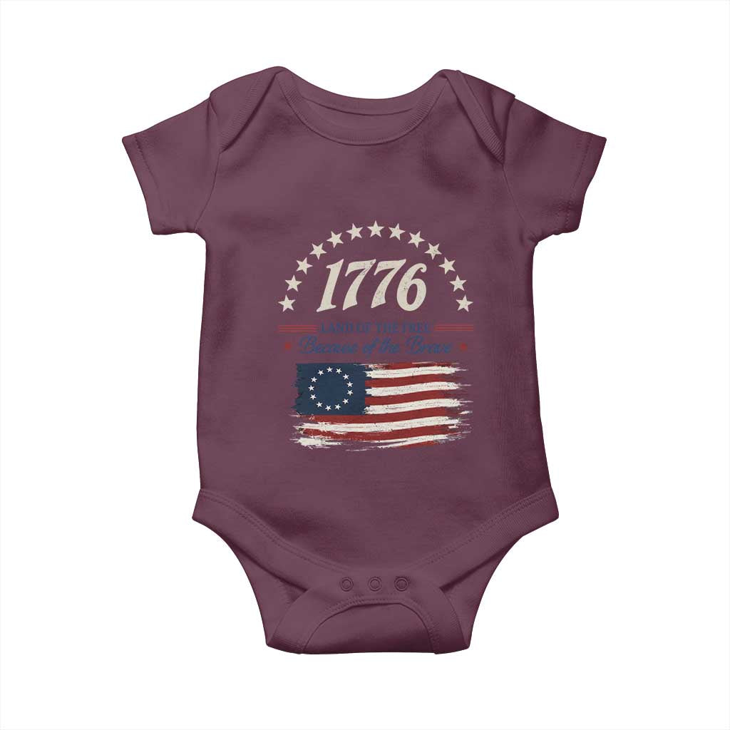 1776 Land of the Free Distressed Arch Graphic Baby Onesie Vintage Betsy Ross American Flag Stars Retro Patriotic