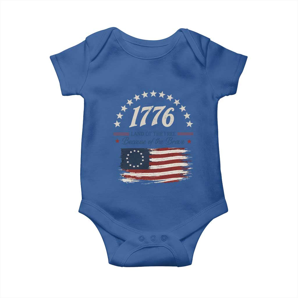 1776 Land of the Free Distressed Arch Graphic Baby Onesie Vintage Betsy Ross American Flag Stars Retro Patriotic