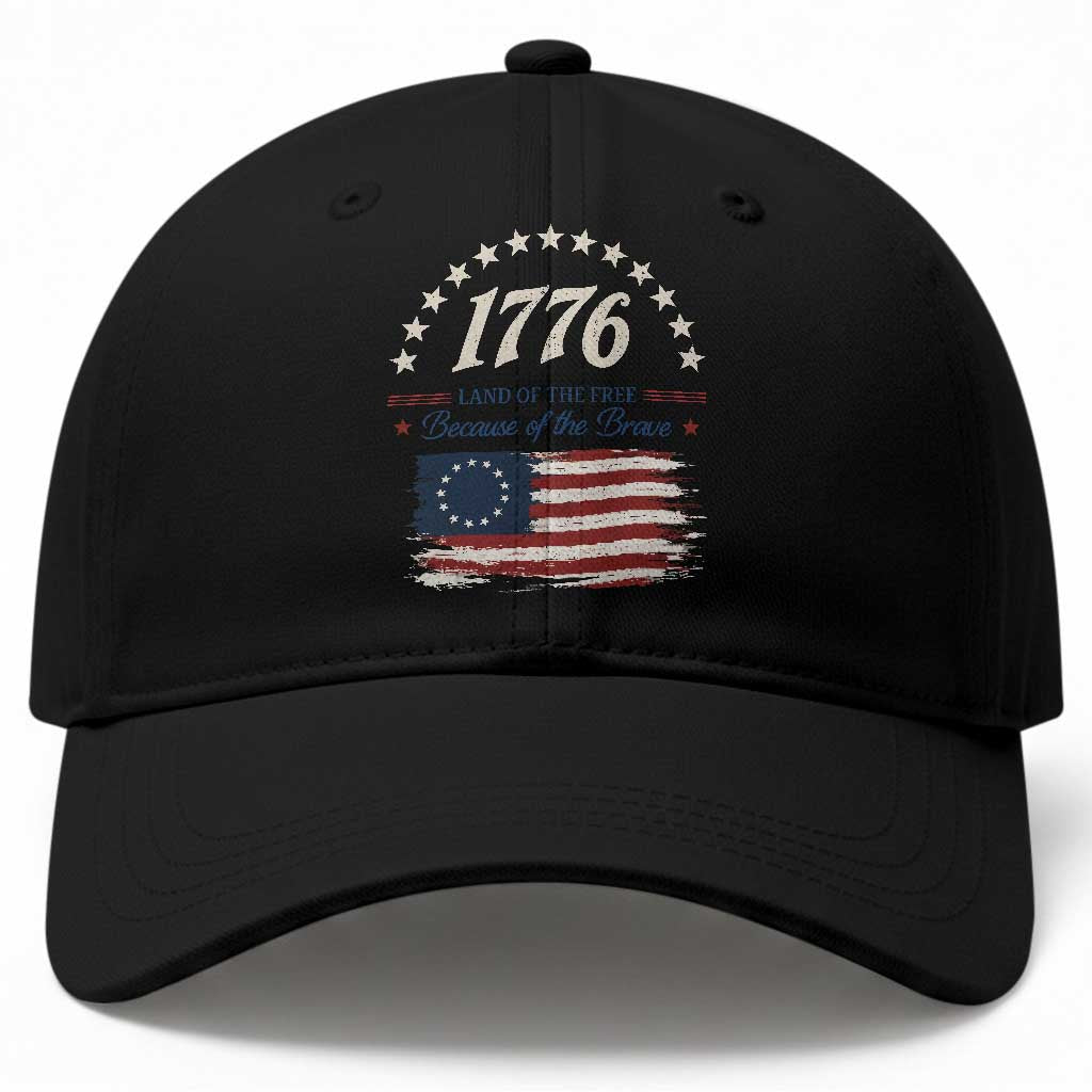 1776 Land of the Free Distressed Arch Graphic Baseball Cap Vintage Betsy Ross American Flag Stars Retro Patriotic