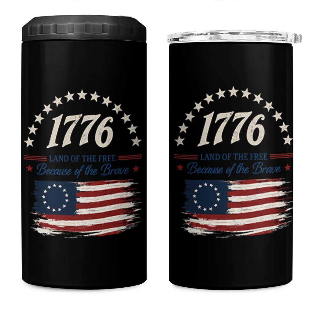 1776 Land of the Free Distressed Arch Graphic 4 in 1 Can Cooler Tumbler Vintage Betsy Ross American Flag Stars Retro Patriotic